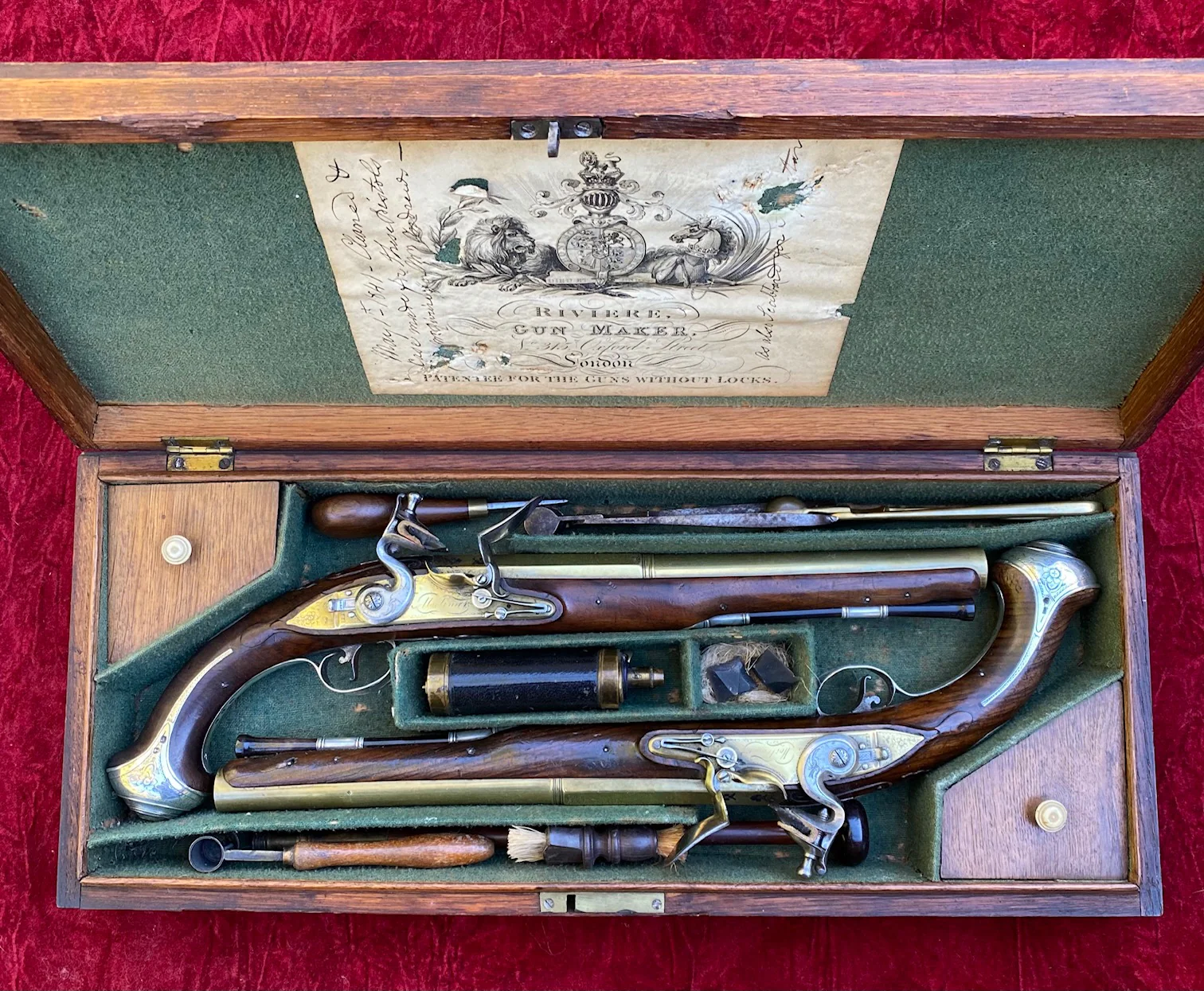 An Exceptional and Beautiful Historically Important Cased Pair of English Silver Mounted Brass Barrel & Lock Flintlock Officers/Dueling Pistols by MORTIMER, LONDON - Image 13