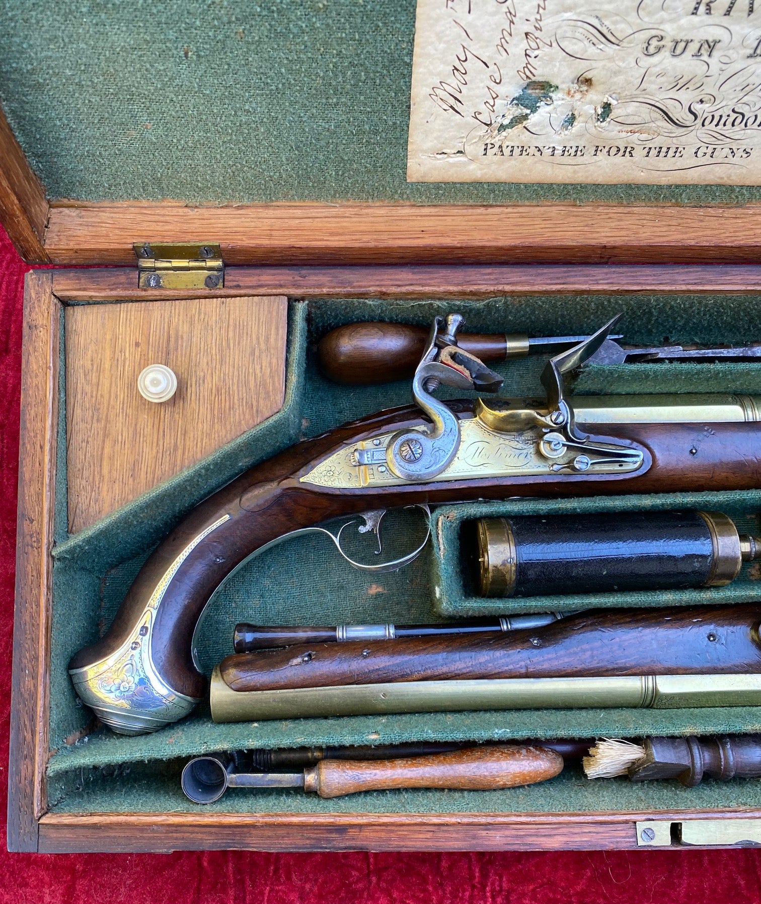 An Exceptional and Beautiful Historically Important Cased Pair of English Silver Mounted Brass Barrel & Lock Flintlock Officers/Dueling Pistols by MORTIMER, LONDON - Image 14