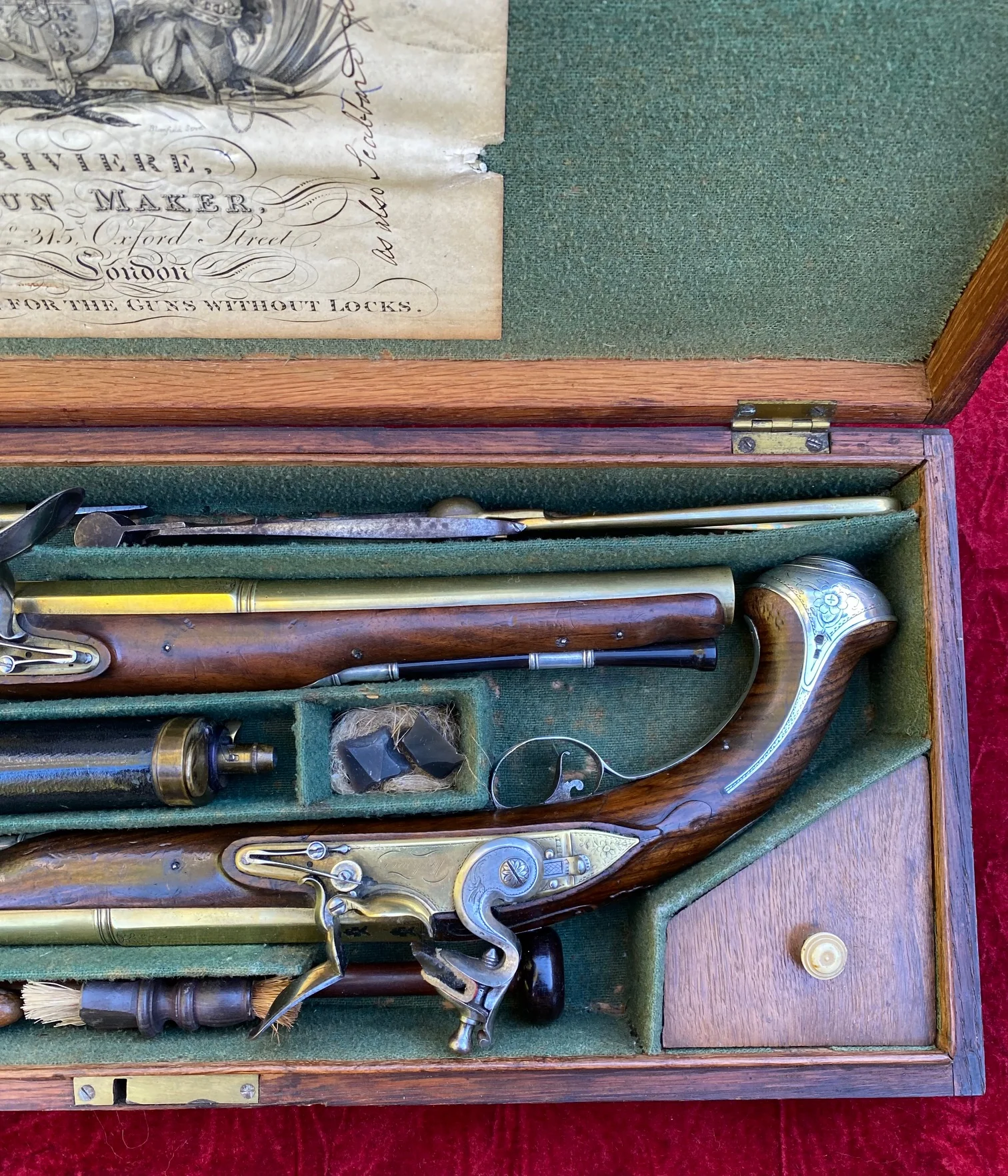 An Exceptional and Beautiful Historically Important Cased Pair of English Silver Mounted Brass Barrel & Lock Flintlock Officers/Dueling Pistols by MORTIMER, LONDON - Image 15