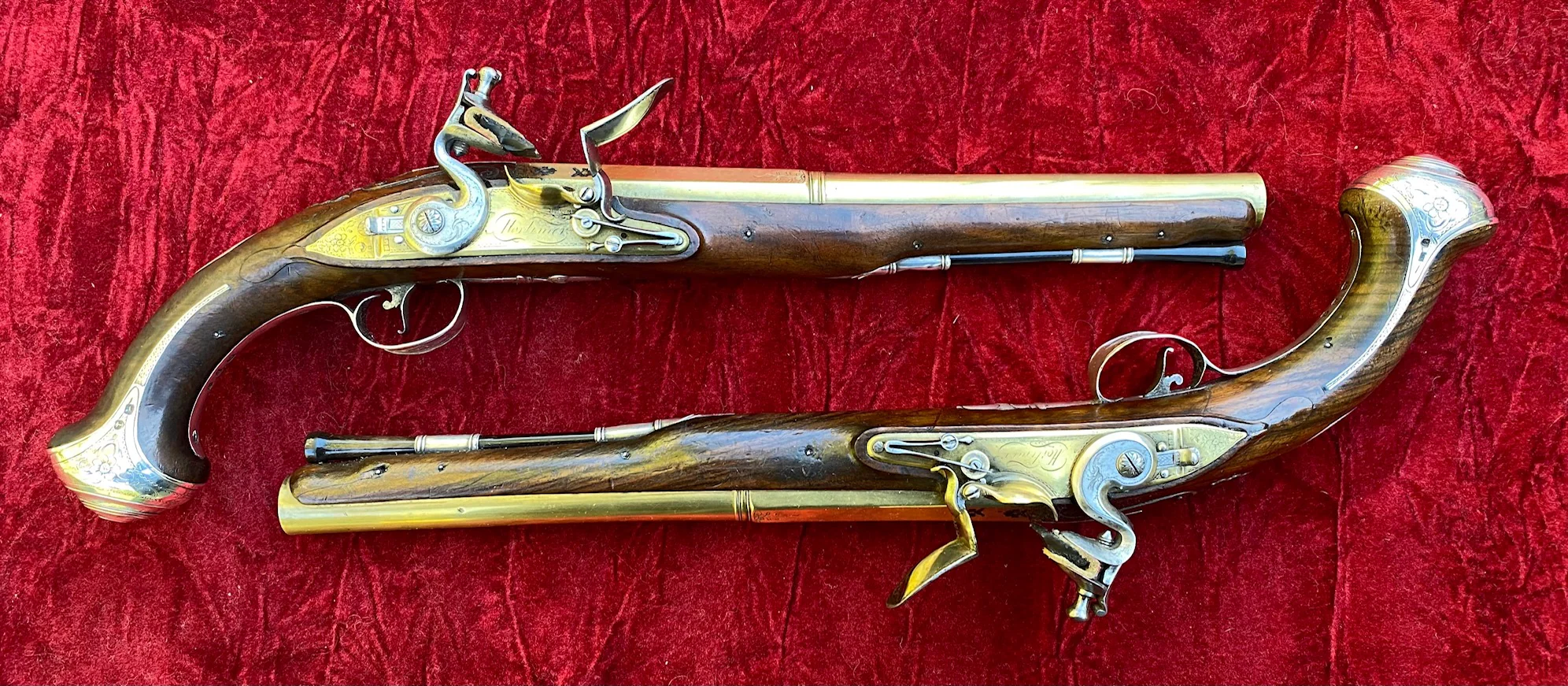 An Exceptional and Beautiful Historically Important Cased Pair of English Silver Mounted Brass Barrel & Lock Flintlock Officers/Dueling Pistols by MORTIMER, LONDON - Image 16