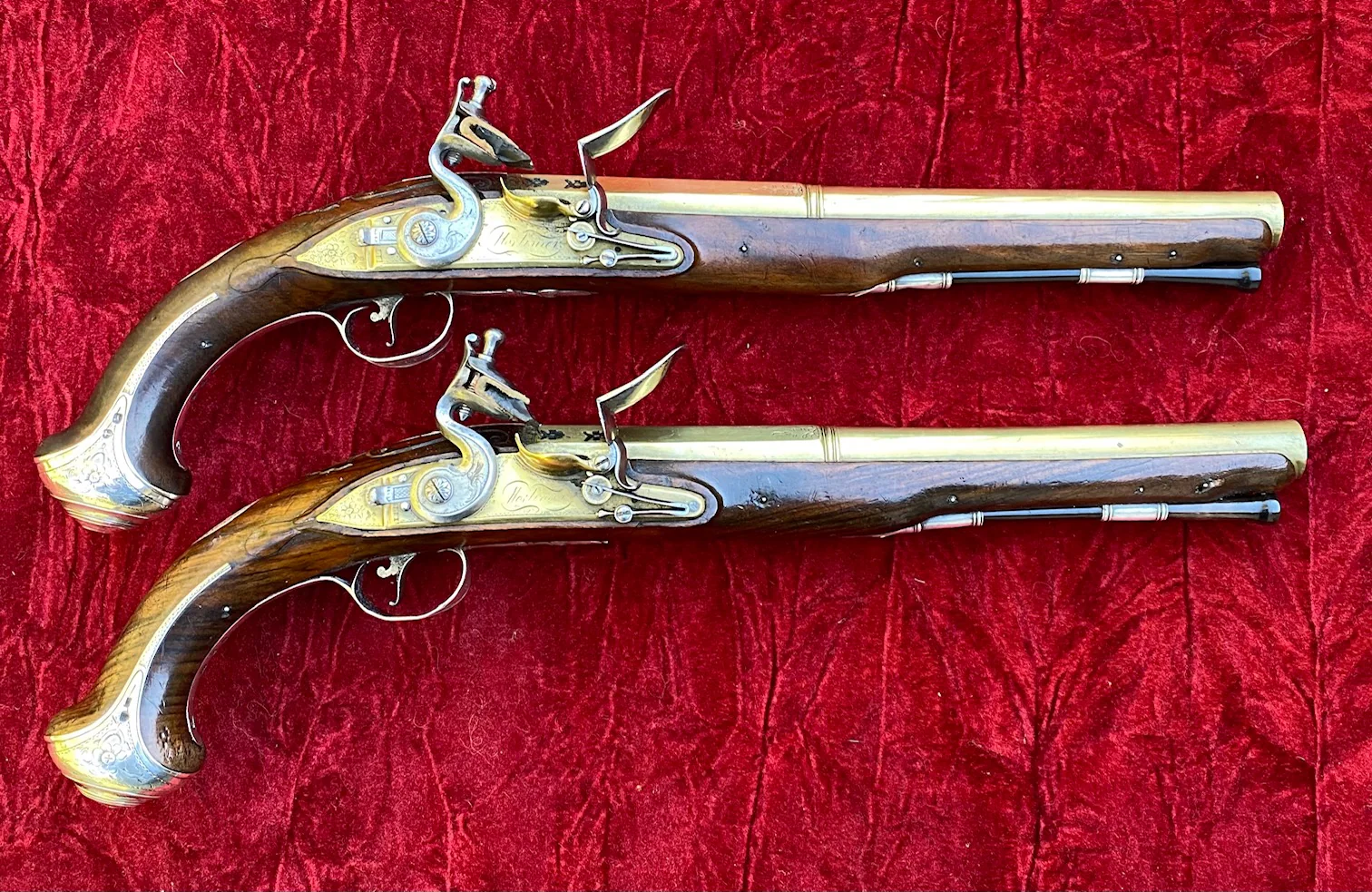 An Exceptional and Beautiful Historically Important Cased Pair of English Silver Mounted Brass Barrel & Lock Flintlock Officers/Dueling Pistols by MORTIMER, LONDON - Image 17