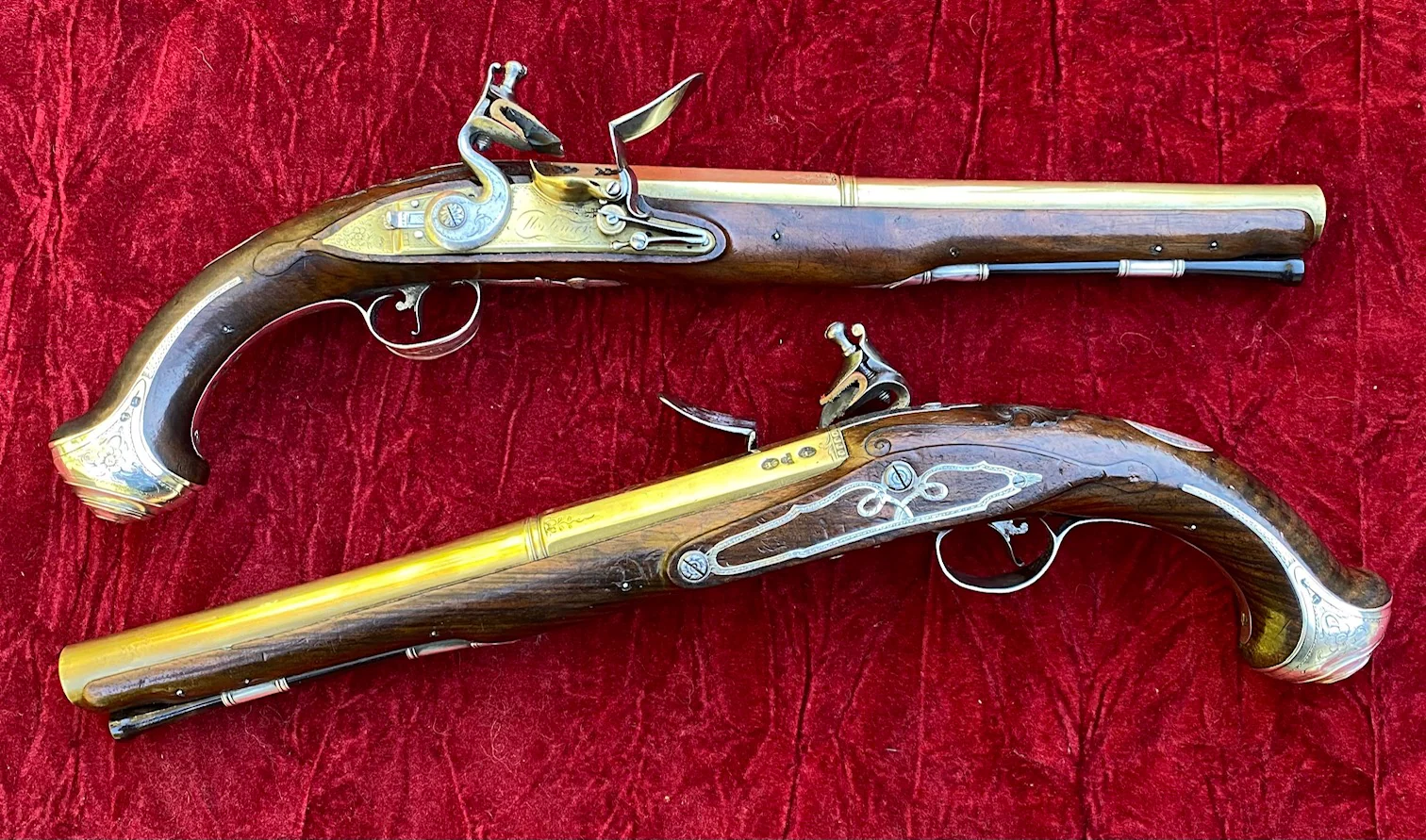 An Exceptional and Beautiful Historically Important Cased Pair of English Silver Mounted Brass Barrel & Lock Flintlock Officers/Dueling Pistols by MORTIMER, LONDON - Image 18