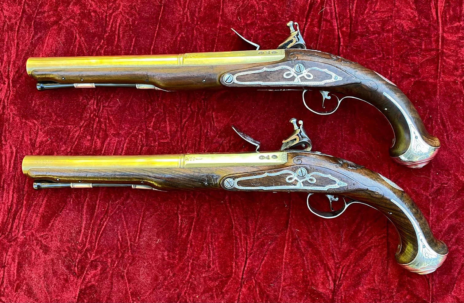 An Exceptional and Beautiful Historically Important Cased Pair of English Silver Mounted Brass Barrel & Lock Flintlock Officers/Dueling Pistols by MORTIMER, LONDON - Image 19