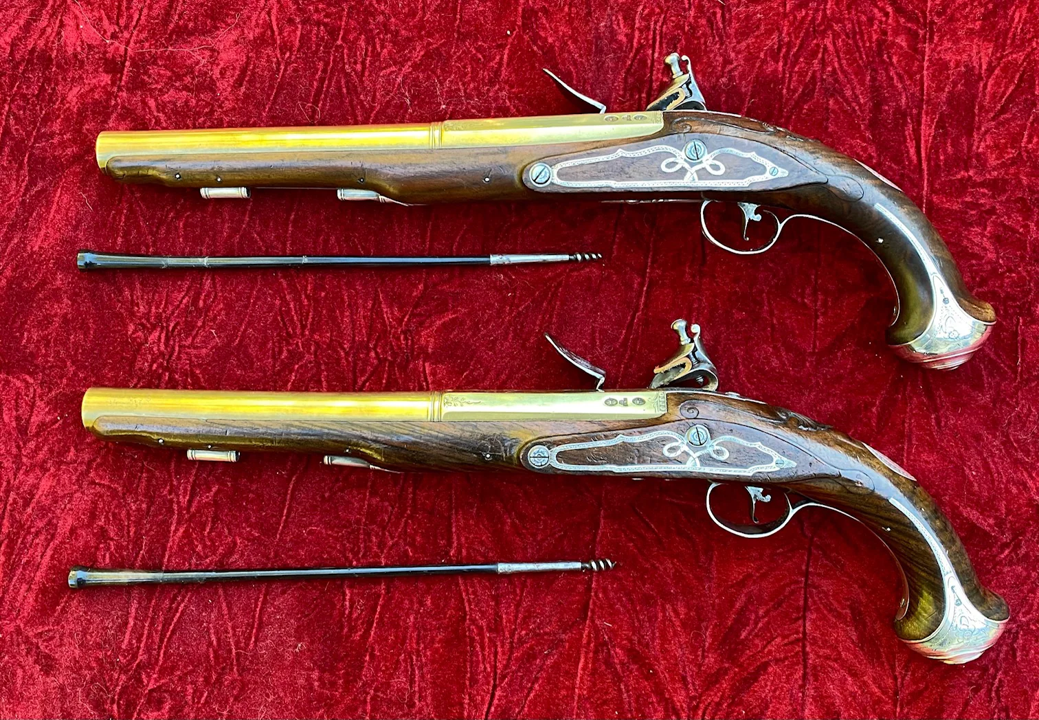 An Exceptional and Beautiful Historically Important Cased Pair of English Silver Mounted Brass Barrel & Lock Flintlock Officers/Dueling Pistols by MORTIMER, LONDON - Image 23