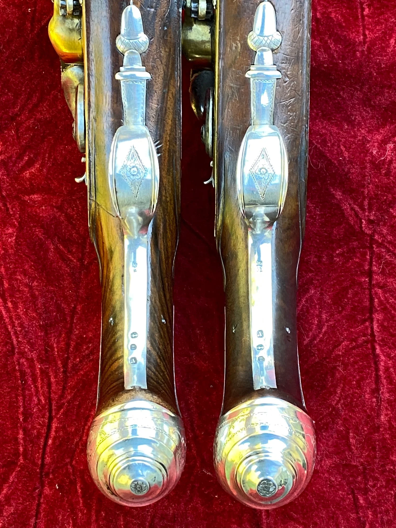 An Exceptional and Beautiful Historically Important Cased Pair of English Silver Mounted Brass Barrel & Lock Flintlock Officers/Dueling Pistols by MORTIMER, LONDON - Image 27