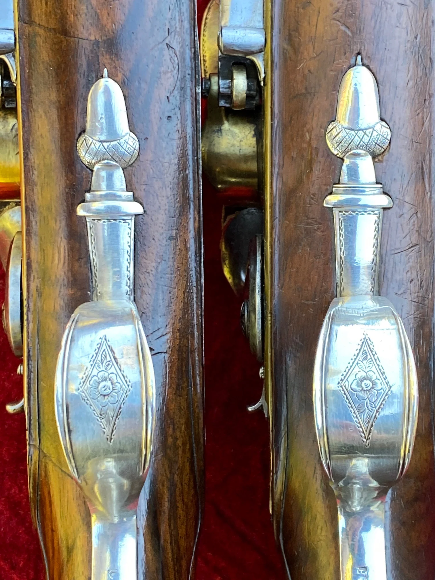 An Exceptional and Beautiful Historically Important Cased Pair of English Silver Mounted Brass Barrel & Lock Flintlock Officers/Dueling Pistols by MORTIMER, LONDON - Image 29