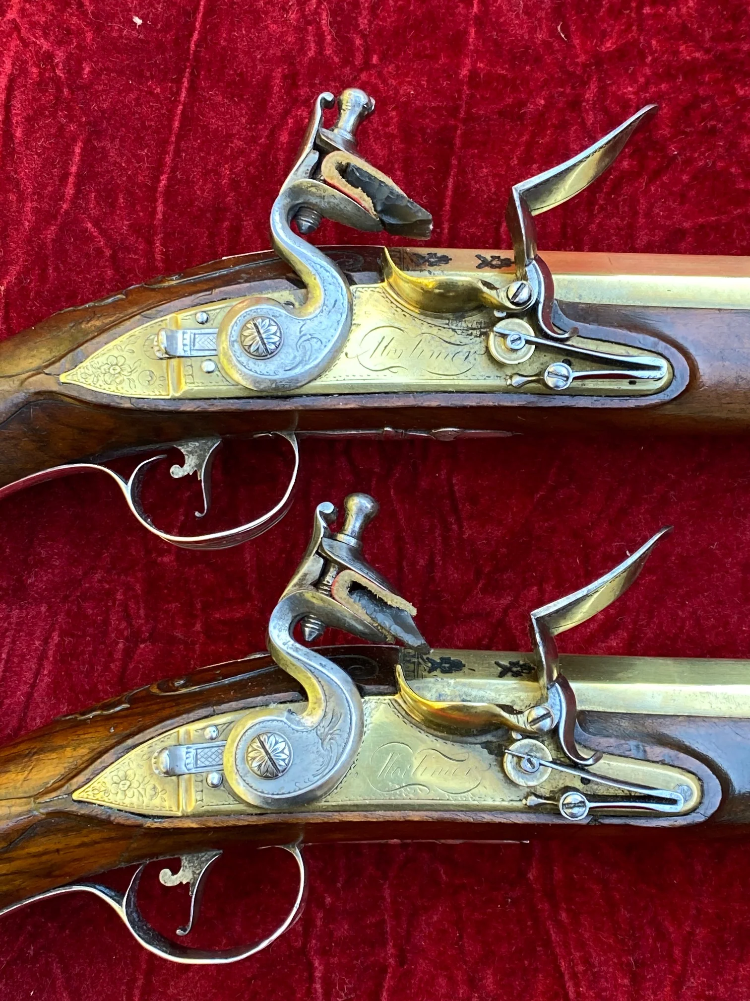 An Exceptional and Beautiful Historically Important Cased Pair of English Silver Mounted Brass Barrel & Lock Flintlock Officers/Dueling Pistols by MORTIMER, LONDON - Image 40
