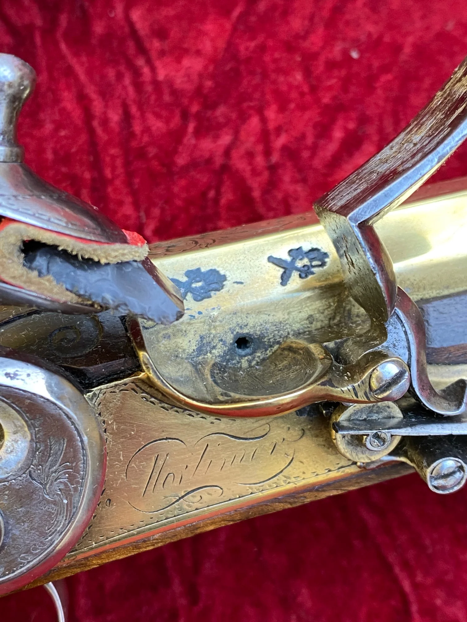 An Exceptional and Beautiful Historically Important Cased Pair of English Silver Mounted Brass Barrel & Lock Flintlock Officers/Dueling Pistols by MORTIMER, LONDON - Image 46
