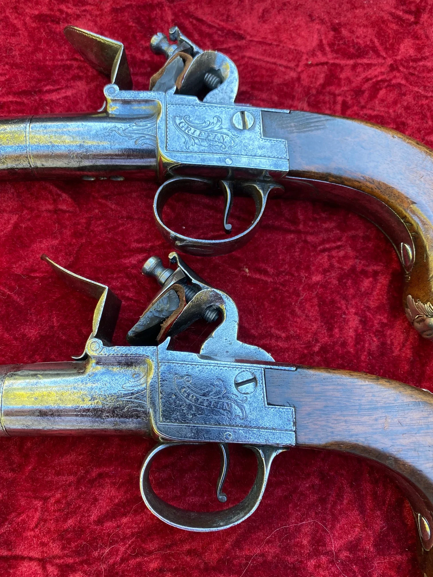 A Fantastic American Revolutionary War Period Cased Pair of English Silver Mounted Box-Lock Flintlock Cannon Barrel Pistols by GRIFFIN, LONDON - Image 21
