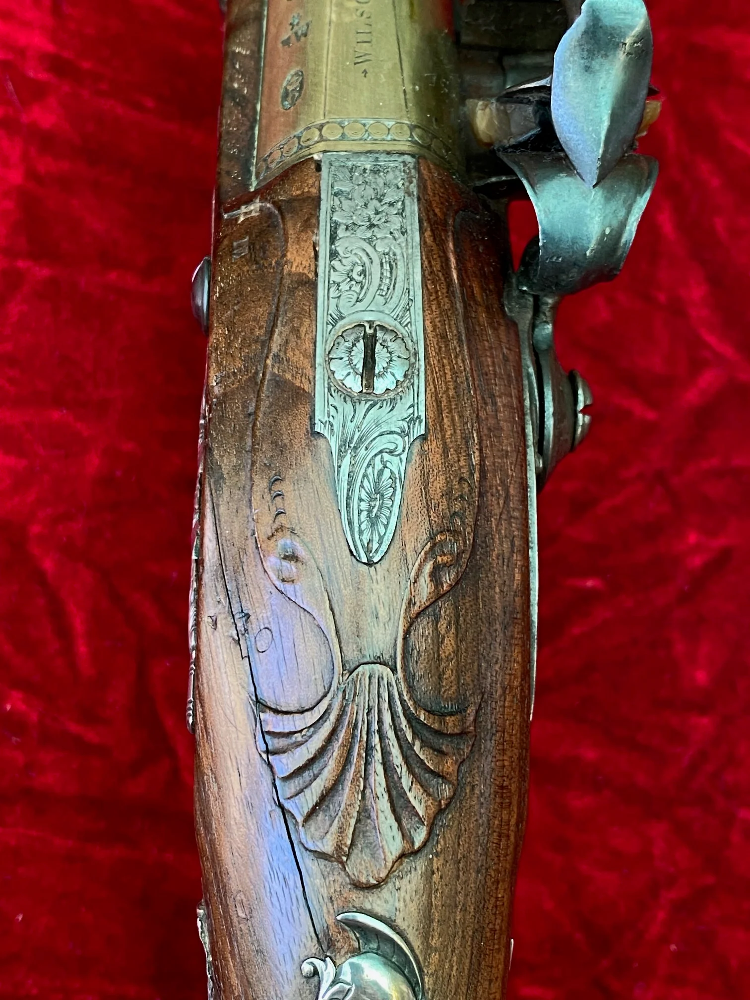 A Wonderful American Revolutionary War Period Silver Mounted Georgian Brass Barrel English Flintlock Officer's Pistol by WILSON - Image 12