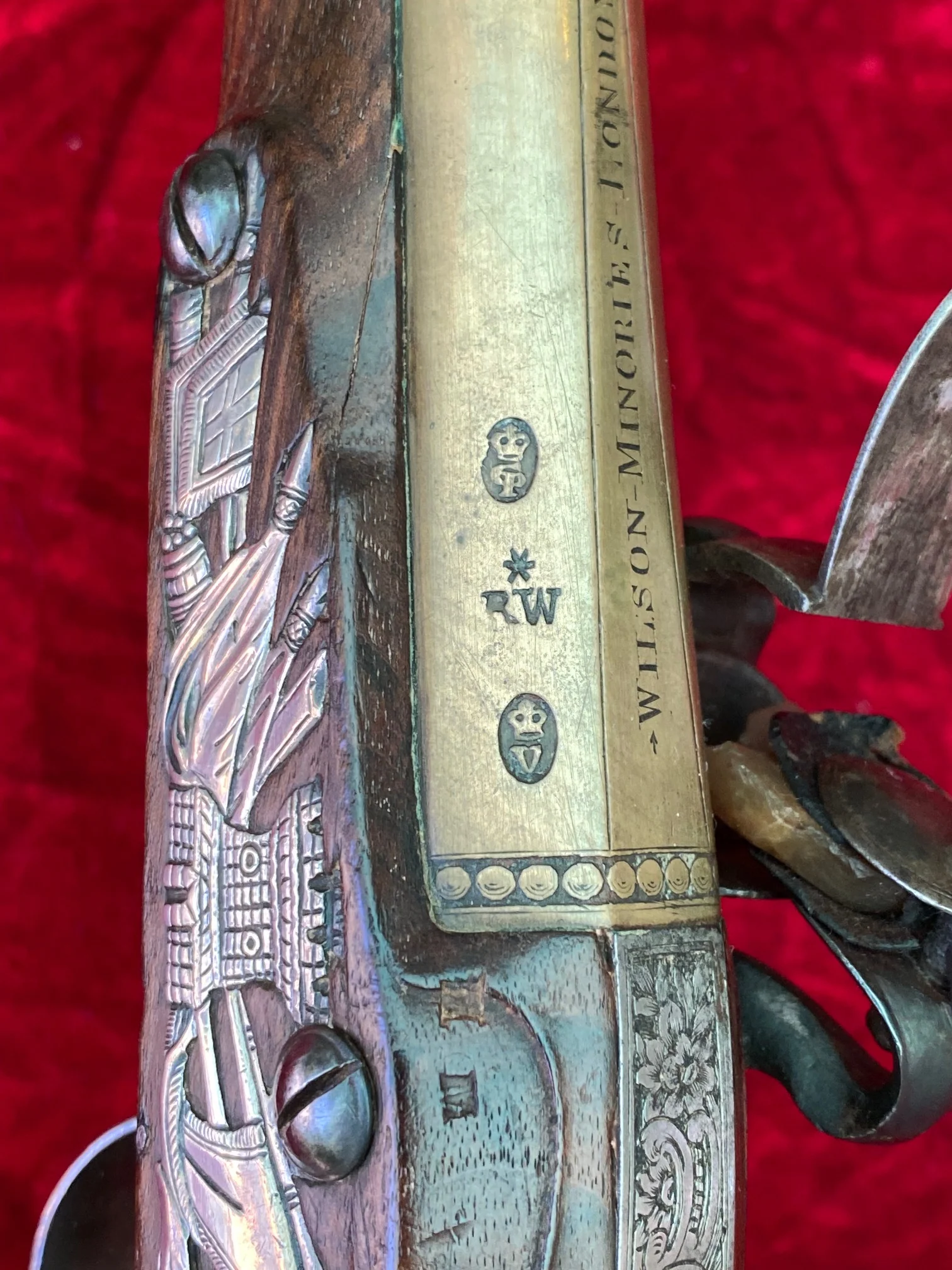 A Wonderful American Revolutionary War Period Silver Mounted Georgian Brass Barrel English Flintlock Officer's Pistol by WILSON - Image 13
