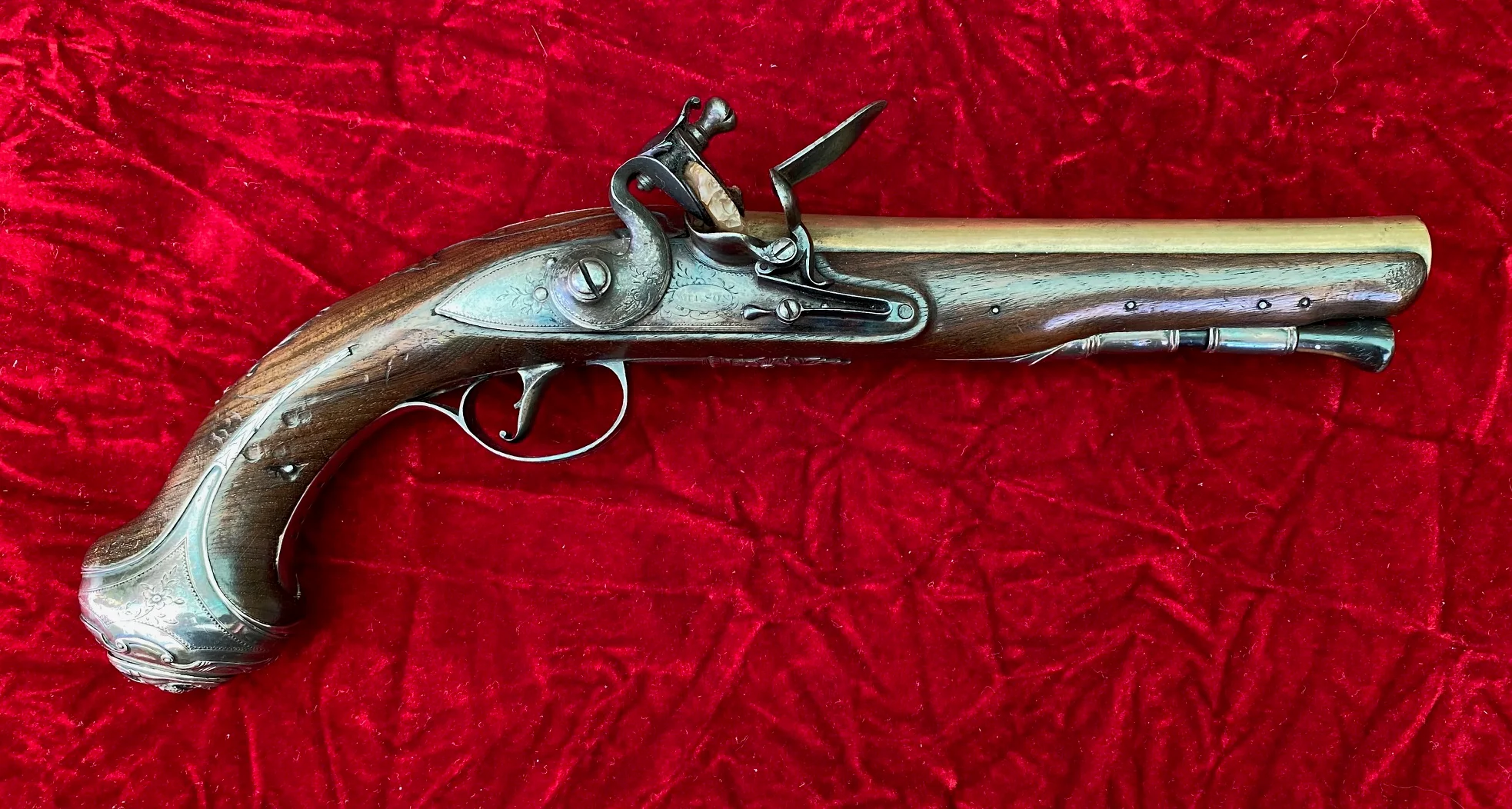 A Wonderful American Revolutionary War Period Silver Mounted Georgian Brass Barrel English Flintlock Officer's Pistol by WILSON - Image 2