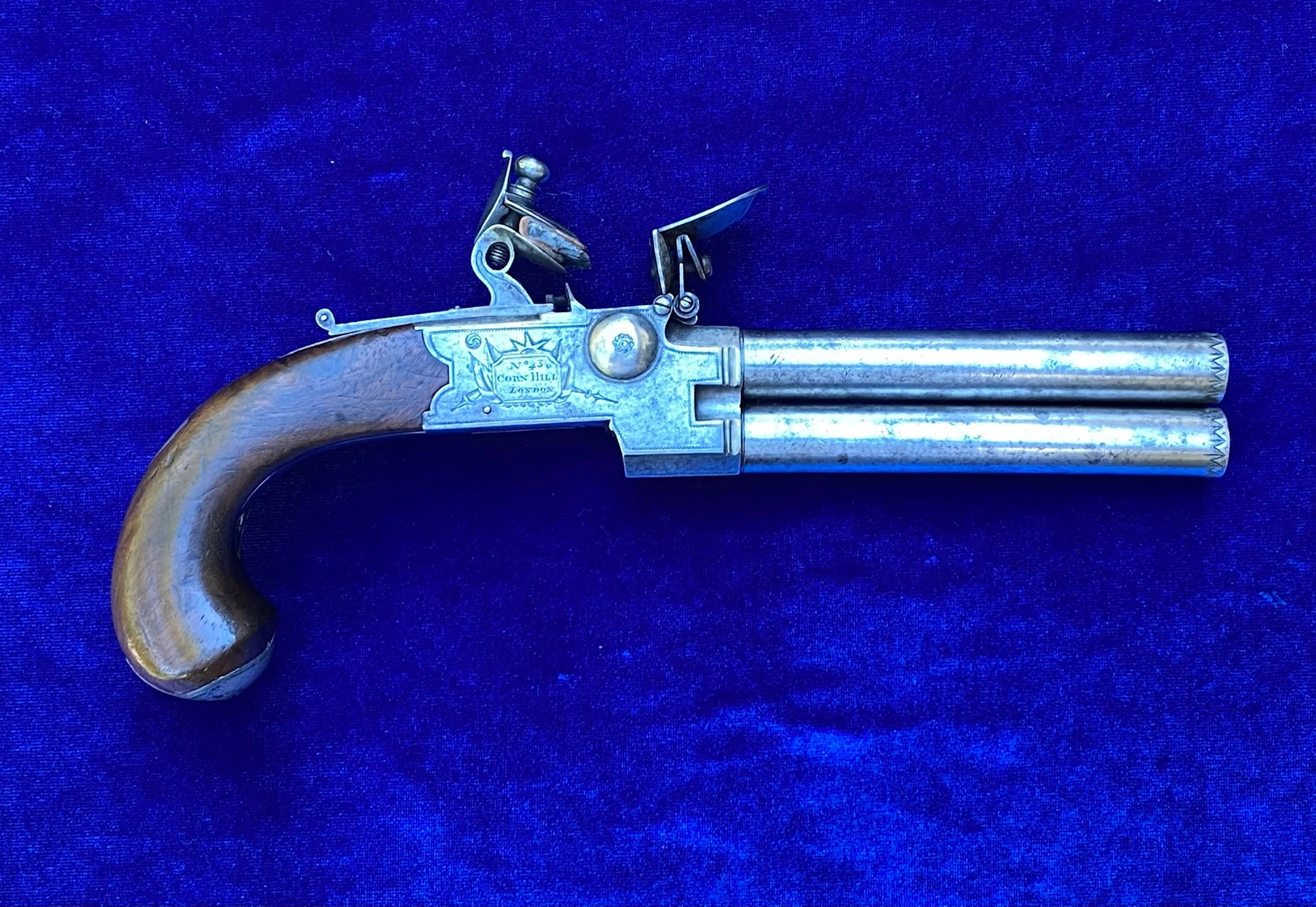 A Fantastic Cased Pair of English Silver Mounted Over & Under Double Barrel Tap-Action Box-Lock Flintlock Pistols by NICHOLSON, LONDON - Image 15