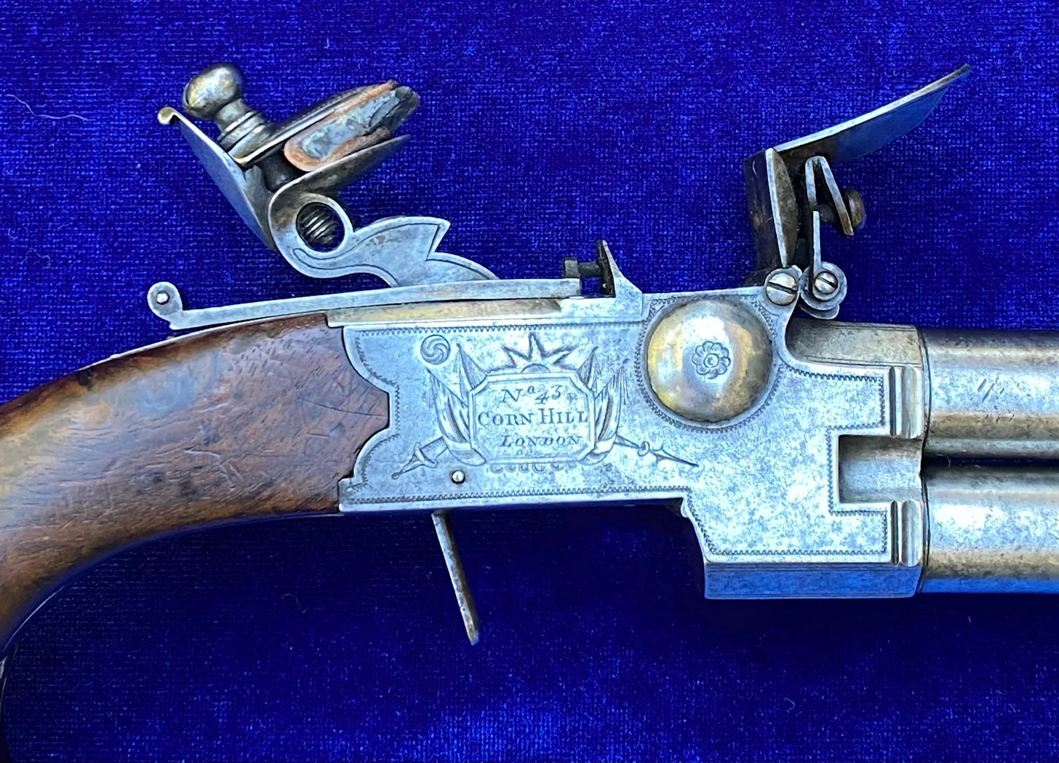 A Fantastic Cased Pair of English Silver Mounted Over & Under Double Barrel Tap-Action Box-Lock Flintlock Pistols by NICHOLSON, LONDON - Image 19