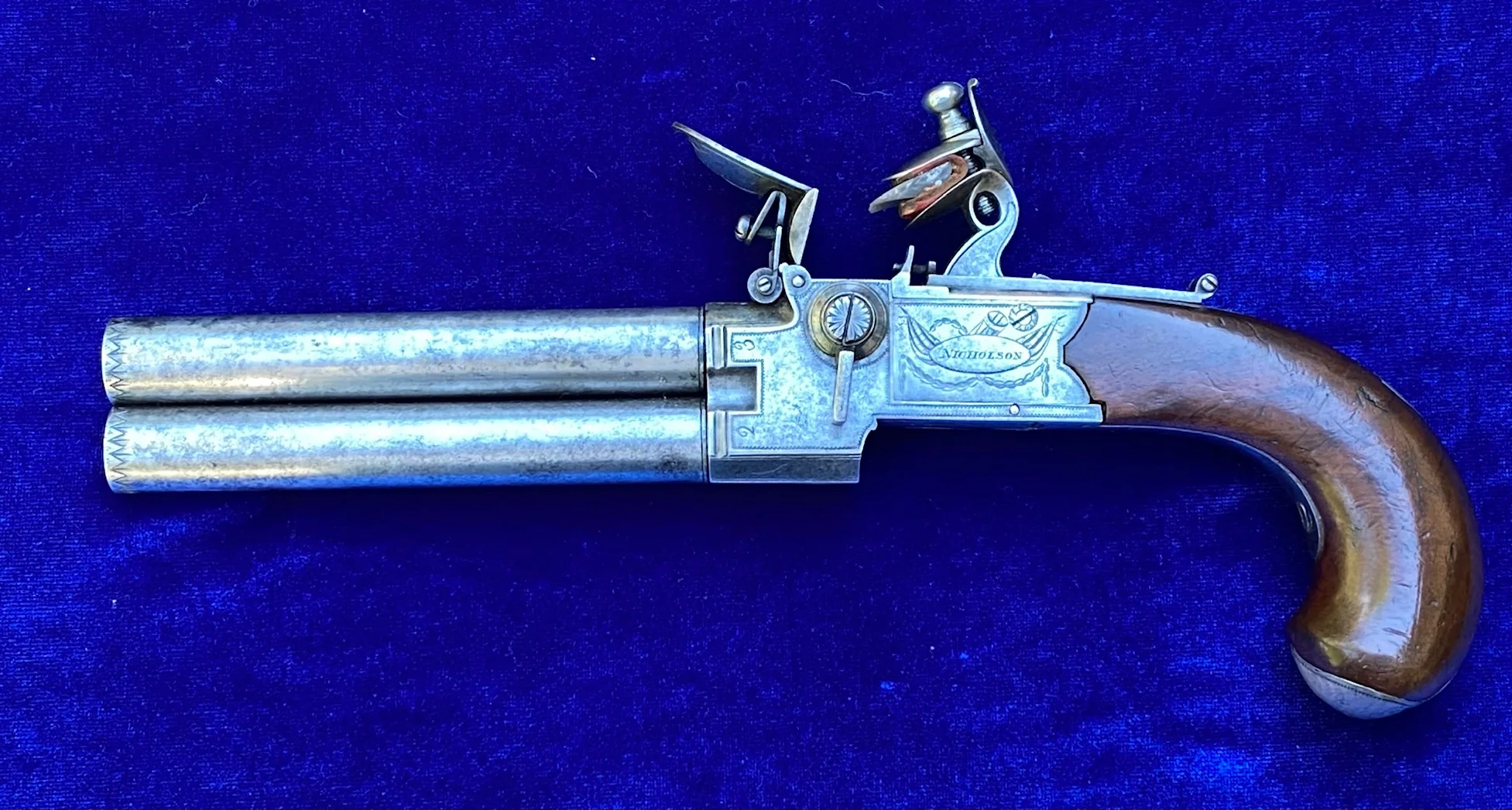 A Fantastic Cased Pair of English Silver Mounted Over & Under Double Barrel Tap-Action Box-Lock Flintlock Pistols by NICHOLSON, LONDON - Image 22
