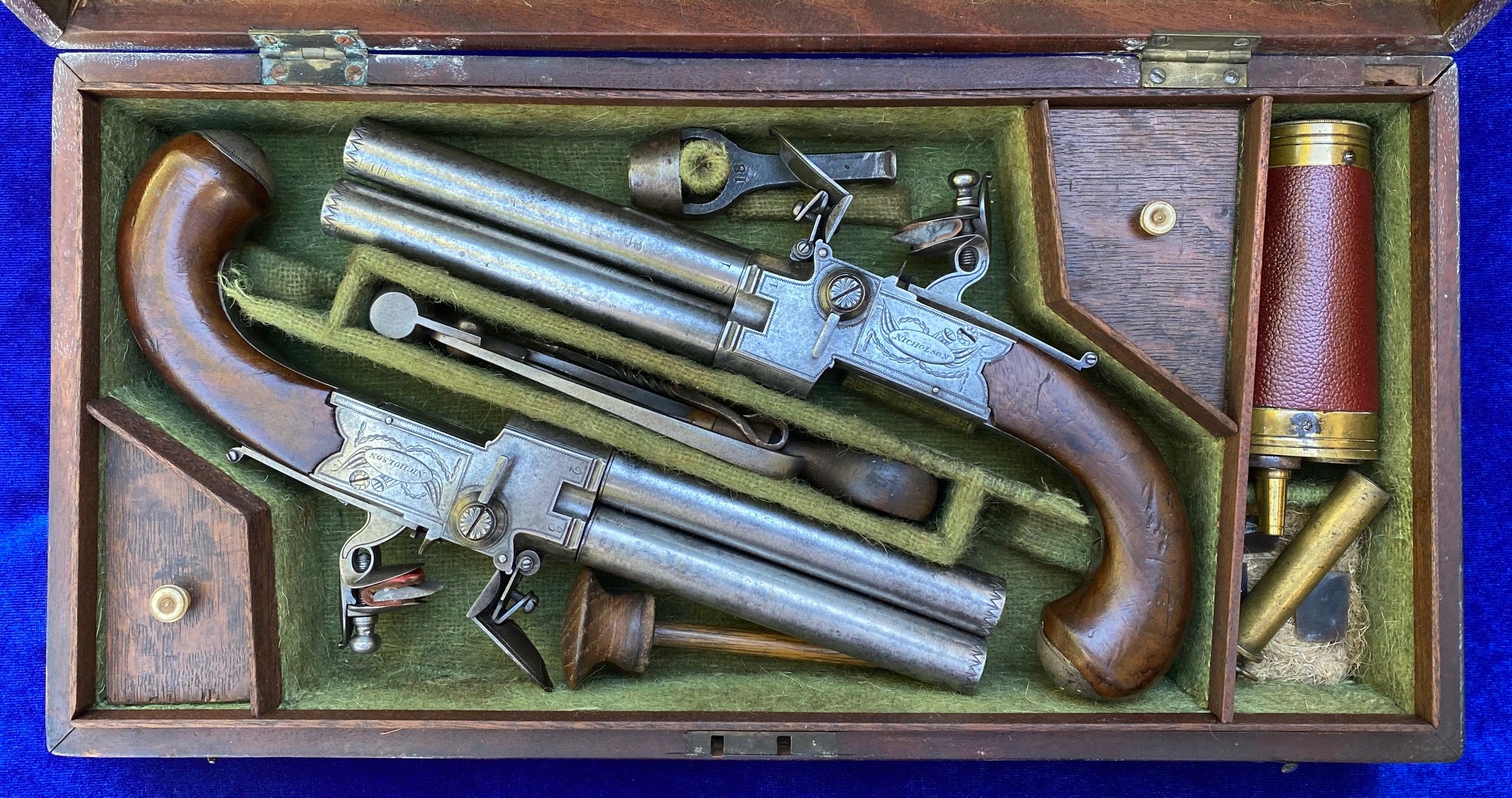 A Fantastic Cased Pair of English Silver Mounted Over & Under Double Barrel Tap-Action Box-Lock Flintlock Pistols by NICHOLSON, LONDON - Image 3