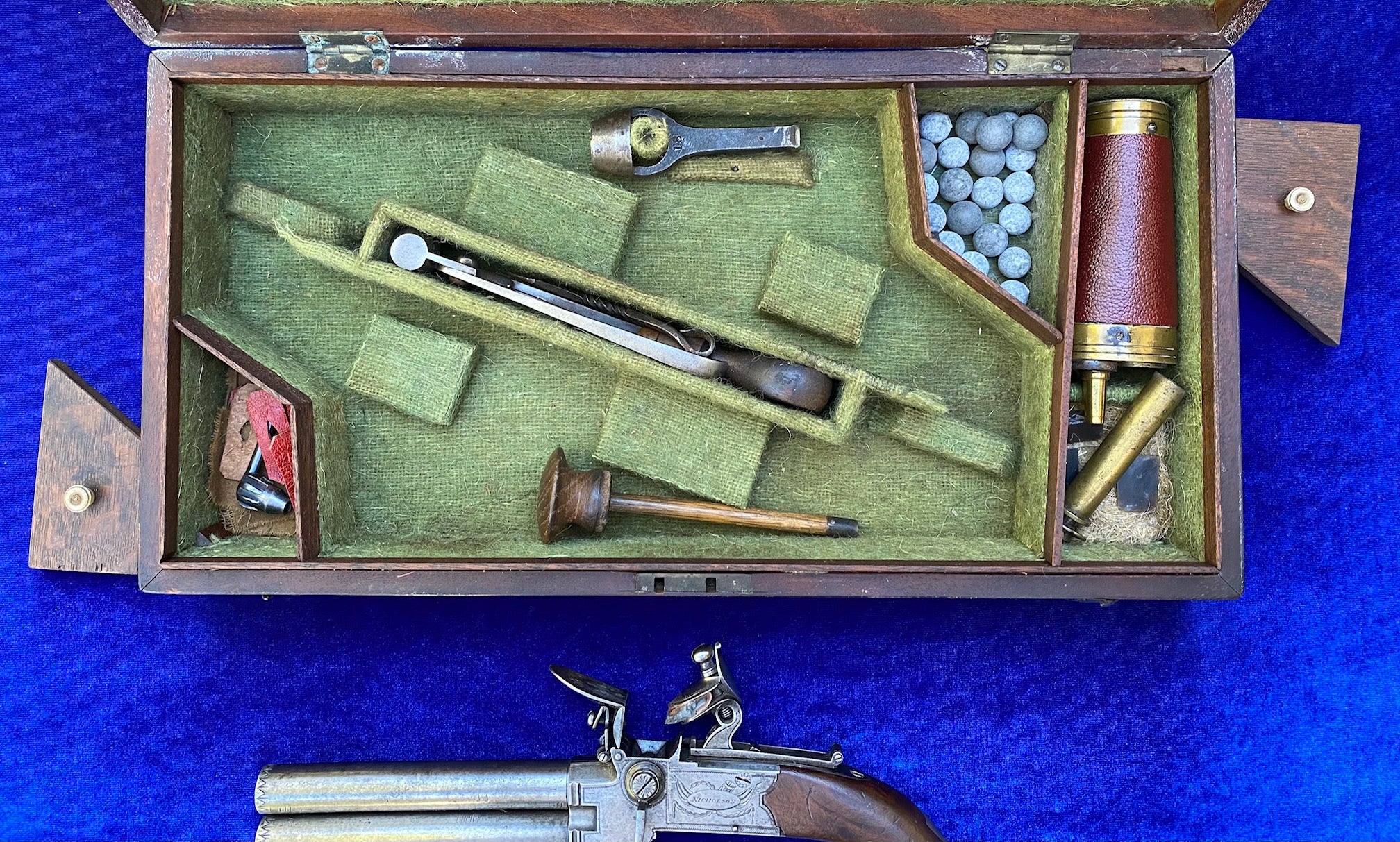 A Fantastic Cased Pair of English Silver Mounted Over & Under Double Barrel Tap-Action Box-Lock Flintlock Pistols by NICHOLSON, LONDON - Image 5