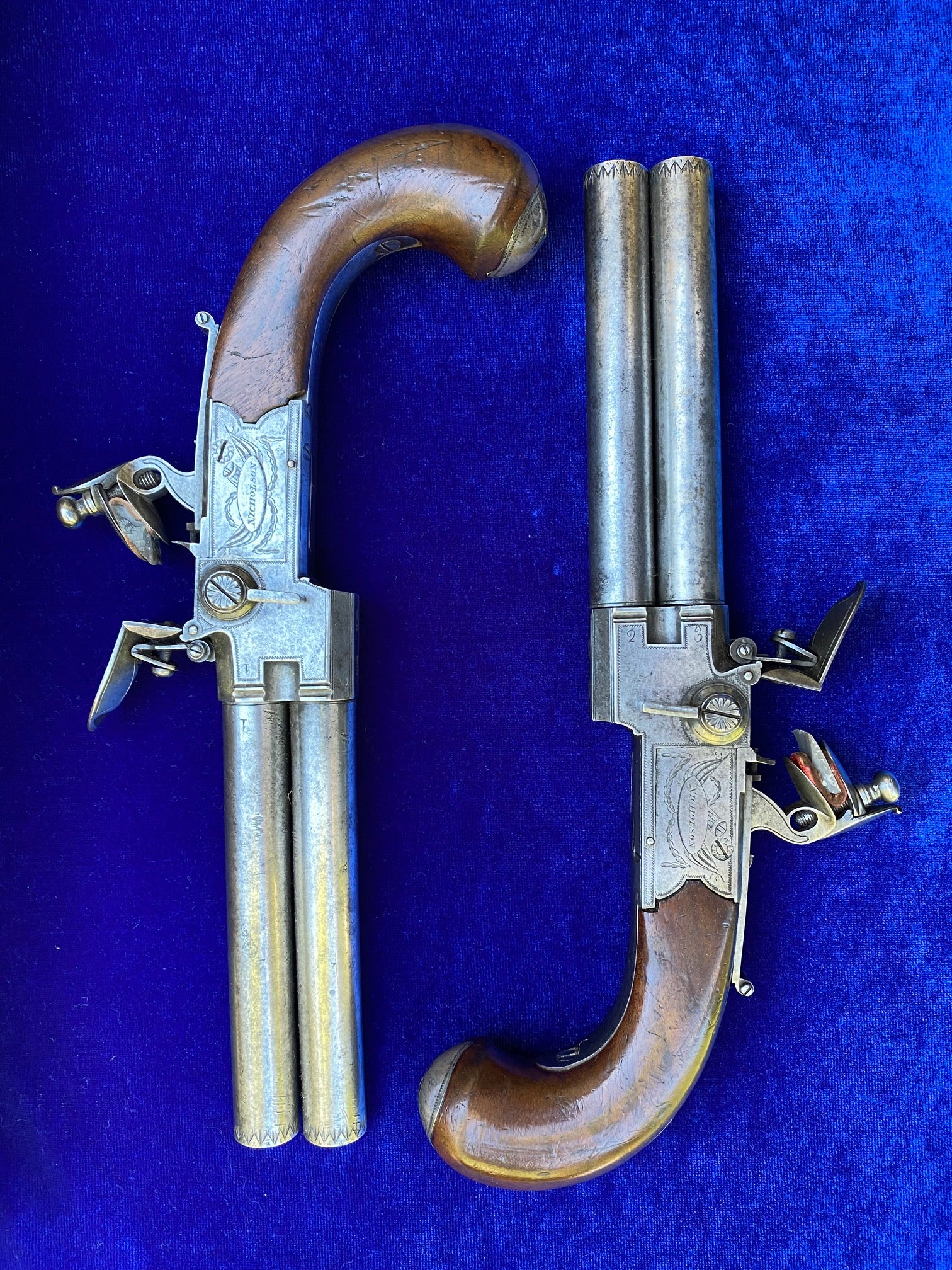 A Fantastic Cased Pair of English Silver Mounted Over & Under Double Barrel Tap-Action Box-Lock Flintlock Pistols by NICHOLSON, LONDON - Image 6