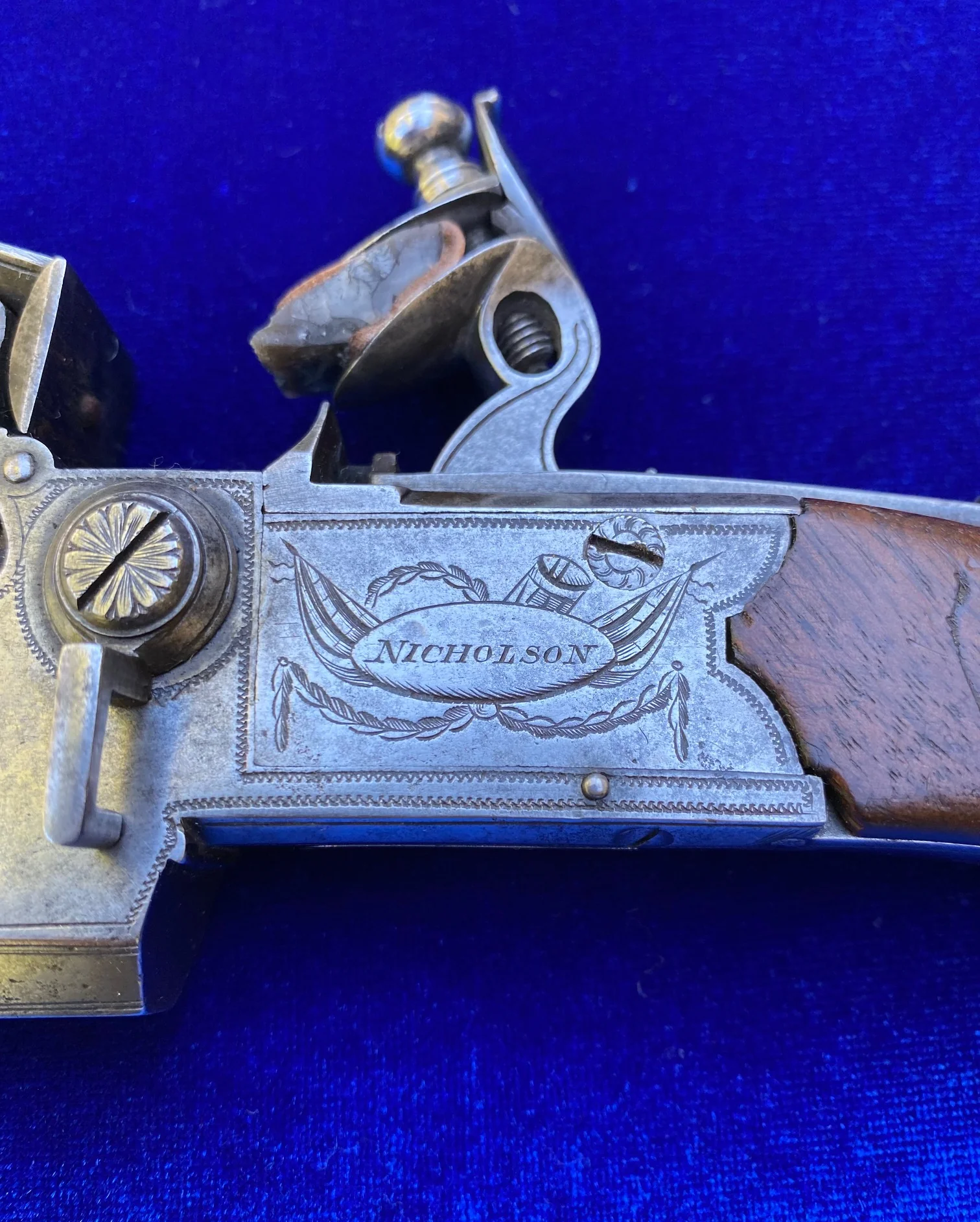 A Fantastic Cased Pair of English Silver Mounted Over & Under Double Barrel Tap-Action Box-Lock Flintlock Pistols by NICHOLSON, LONDON - Image 7