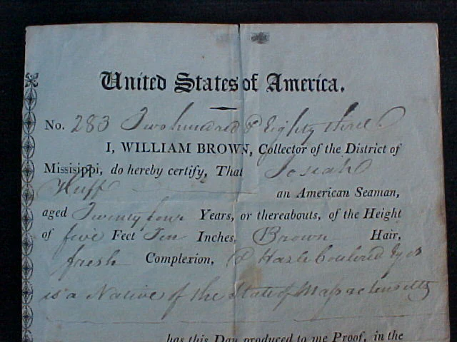 Early American Seaman Protection Document Dated 1809, New Orleans, Mississippi, #1565 Nautical Antiques - Image 3