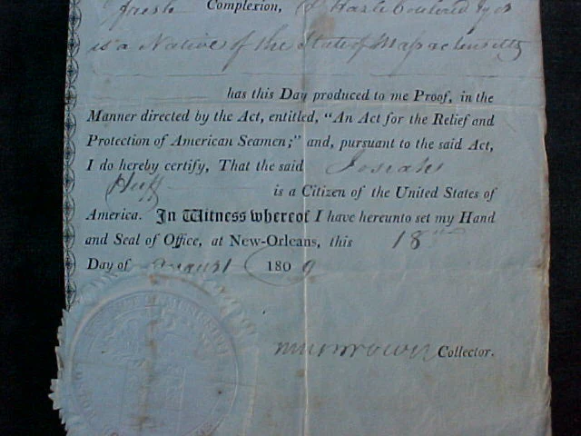 Early American Seaman Protection Document Dated 1809, New Orleans, Mississippi, #1565 Nautical Antiques - Image 4