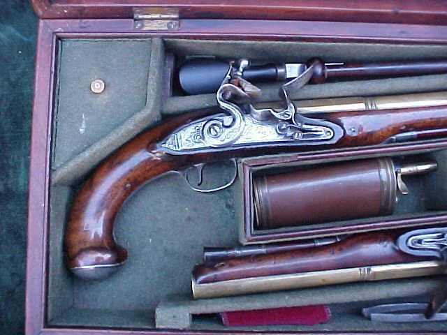English Cased (PAIR) of Georgian Silver Mounted Brass Barrel Flintlock Holster Pistols By, PROBIN, London, #1538 Firearms - Image 12