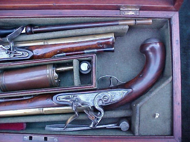 English Cased (PAIR) of Georgian Silver Mounted Brass Barrel Flintlock Holster Pistols By, PROBIN, London, #1538 Firearms - Image 13