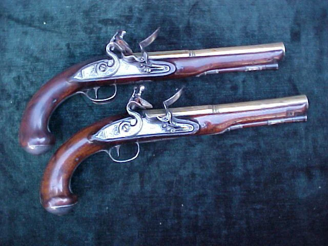 English Cased (PAIR) of Georgian Silver Mounted Brass Barrel Flintlock Holster Pistols By, PROBIN, London, #1538 Firearms - Image 16