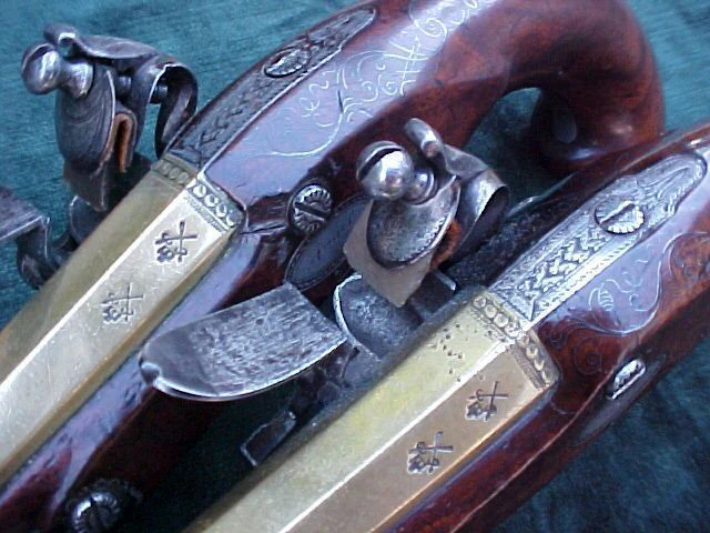 English Cased (PAIR) of Georgian Silver Mounted Brass Barrel Flintlock Holster Pistols By, PROBIN, London, #1538 Firearms - Image 8