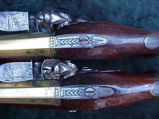 English Cased (PAIR) of Georgian Silver Mounted Brass Barrel Flintlock Holster Pistols By, PROBIN, London, #1538 Firearms - Image 9