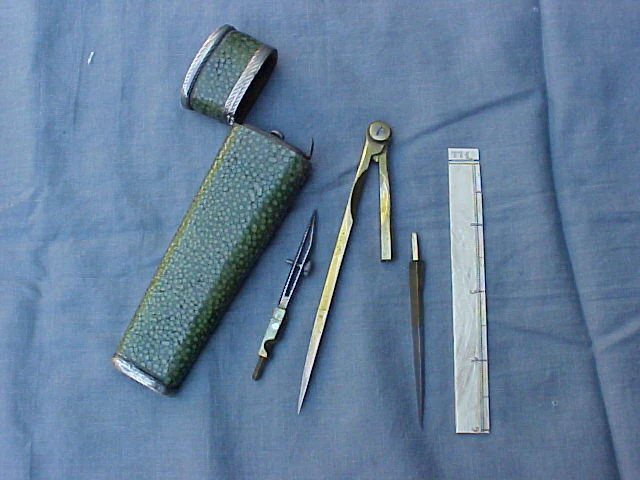 English Silver Mounted Shagreen Pocket Size Nautical Navigation Set, #984 Nautical Antiques - Image 5
