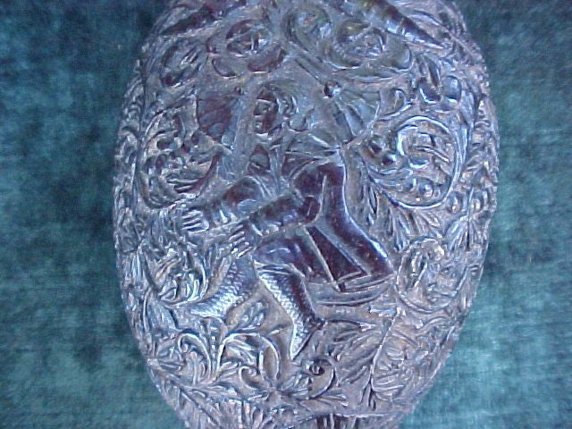 European 17th Century Engraved/High Relief Carved Coconut Powder Flask, #2673 - Image 5